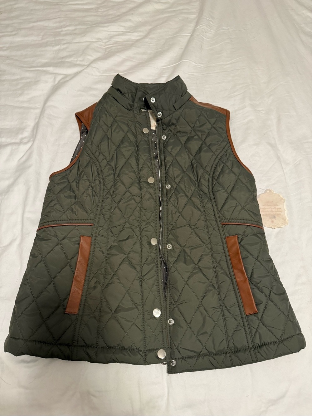 Altar'd State Olive Green Quilted Vest with Brown Trim